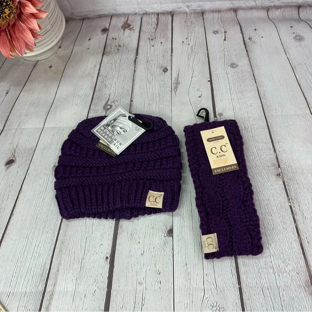 NWT boutique C.C. beanie and headband deep purple kids messy bun beanie tail